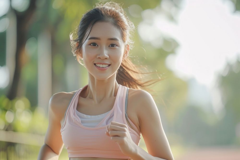Healthy asian woman running jogging smile happy.