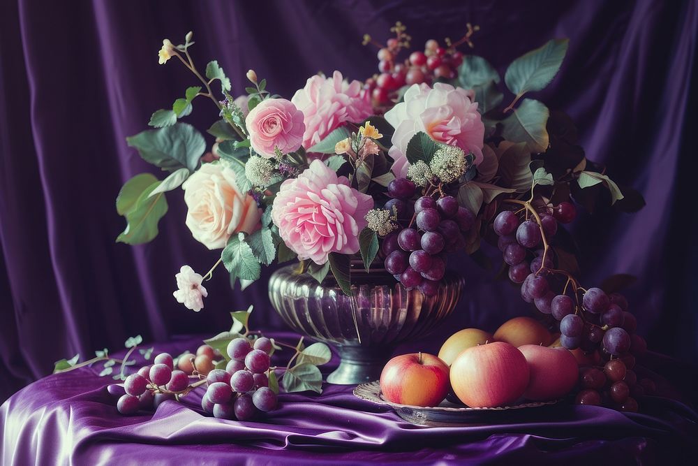 Medieval style table decorate with fruits with flowers vase purple painting grapes.