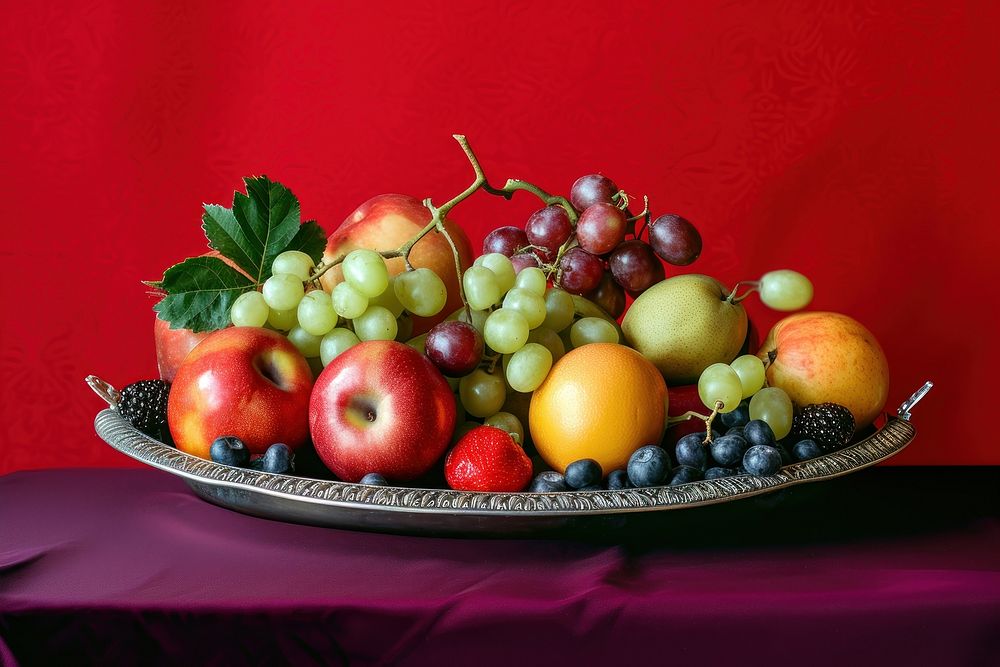 Medieval style fruit tray on table grapes apple berry.