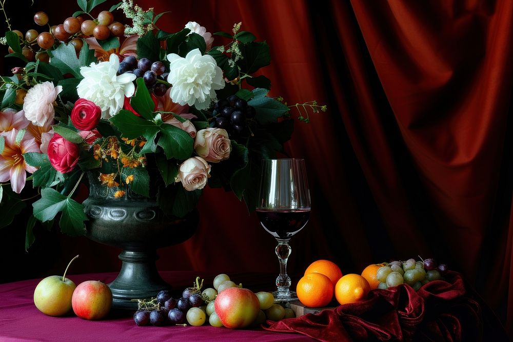 Medieval style dinning table decorate with wine glass and fruits with flowers vase plant food red.