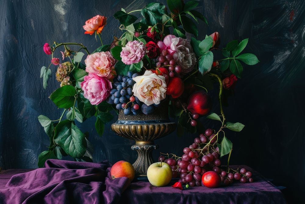 Medieval style table decorate with fruits with flowers vase painting purple grapes.
