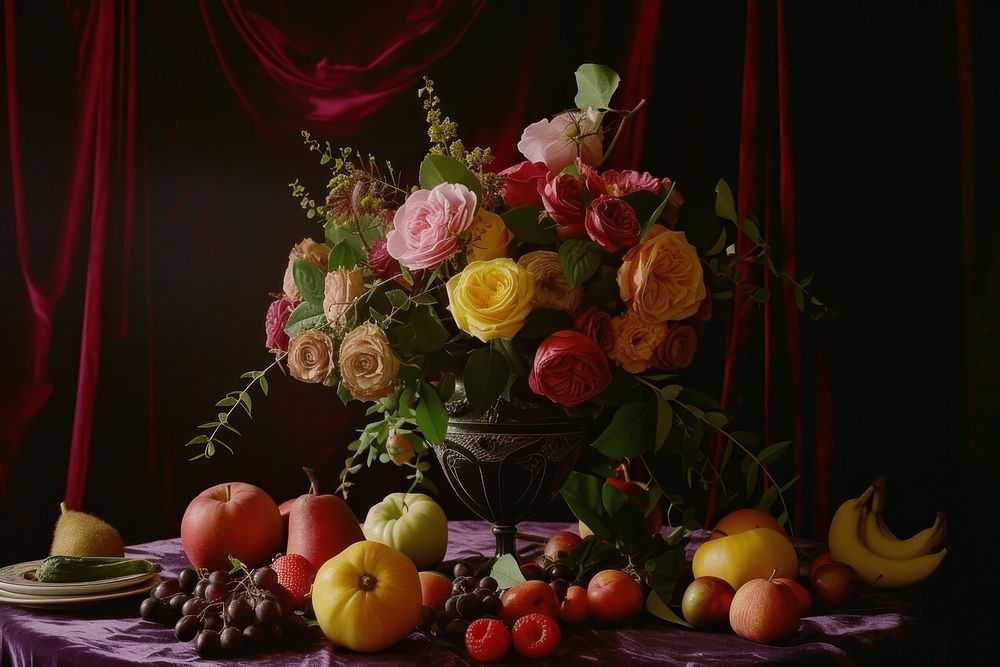 Medieval style table decorate with fruits with flowers vase apple peach plant.
