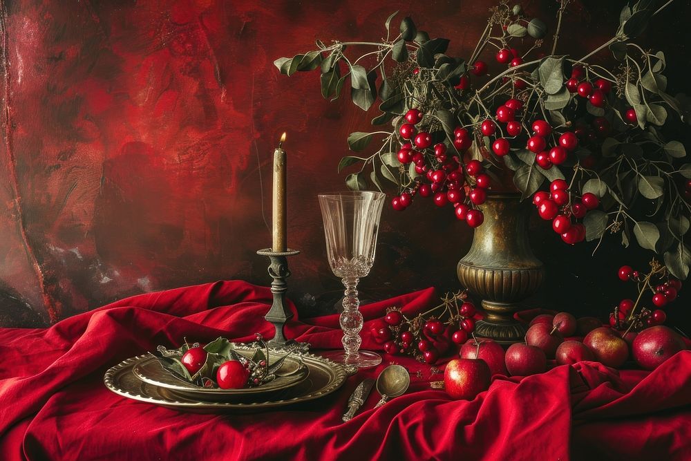 A dinning table decoration in medieval style candle fruit plant.