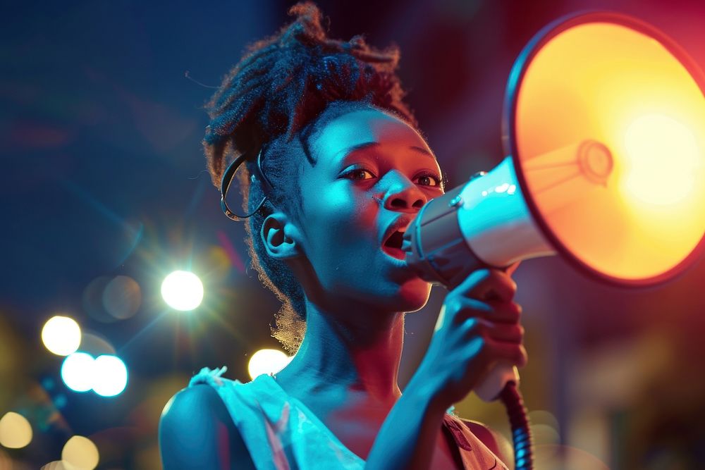 Young african american woman using megaphone adult night photo.