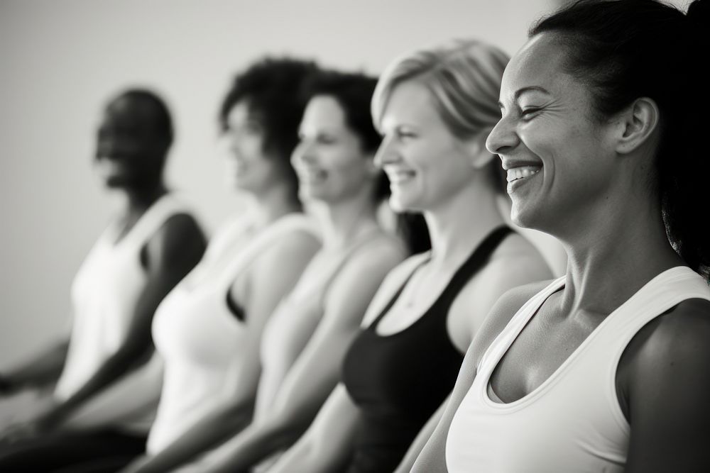 Woman in yoga class sports adult happy.