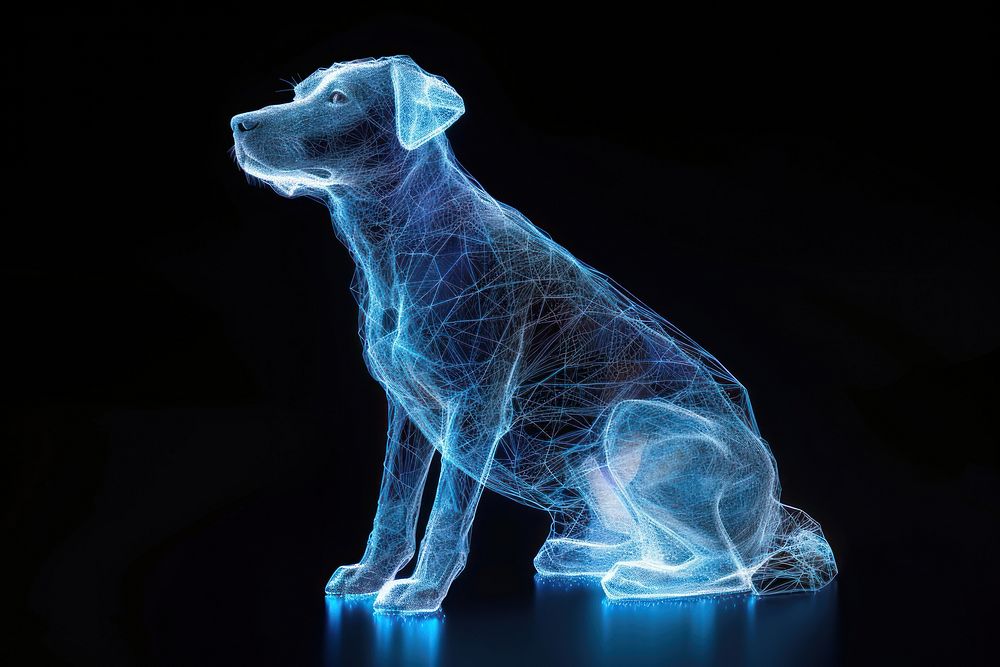 Futuristic glowing dog black background.