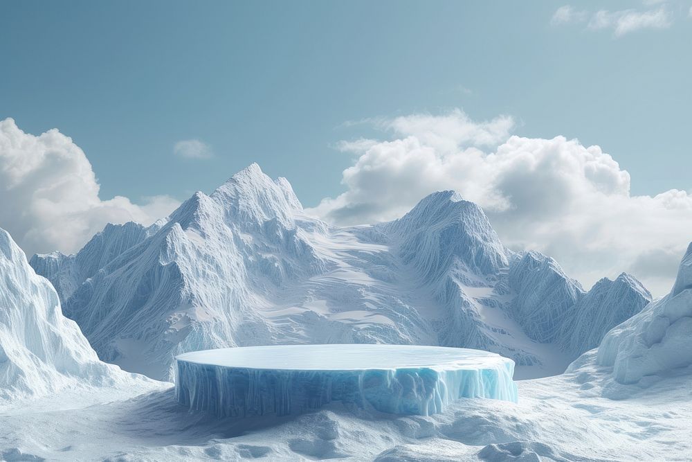 Product podium with a antarctica glacier mountain outdoors.