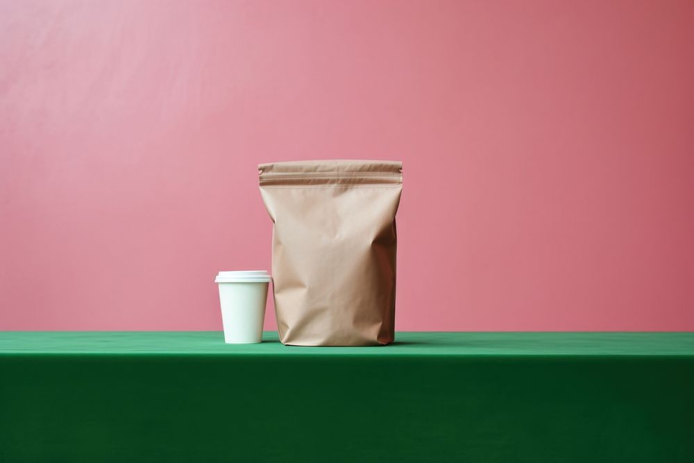 A white Coffee bag put on pink velvet podium backdrop coffee green cup.