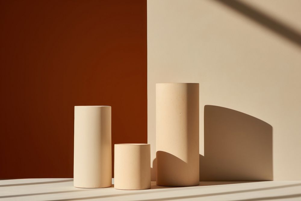 Three clay objects are placed on a table cylinder shadow simplicity.