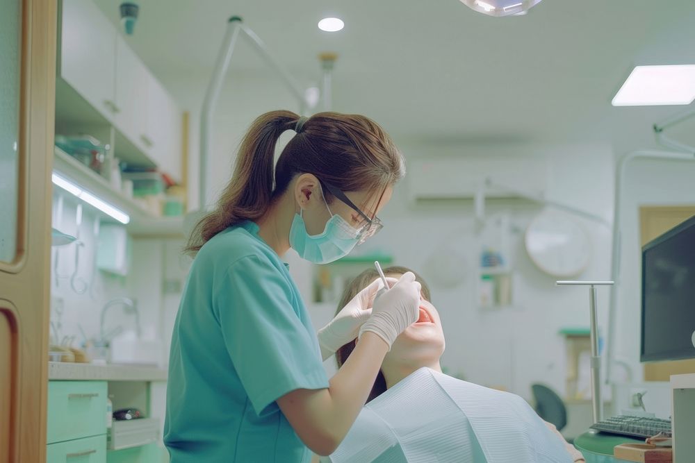 Female Dentist Treating Teeth Of Patient patient dentist clinic.