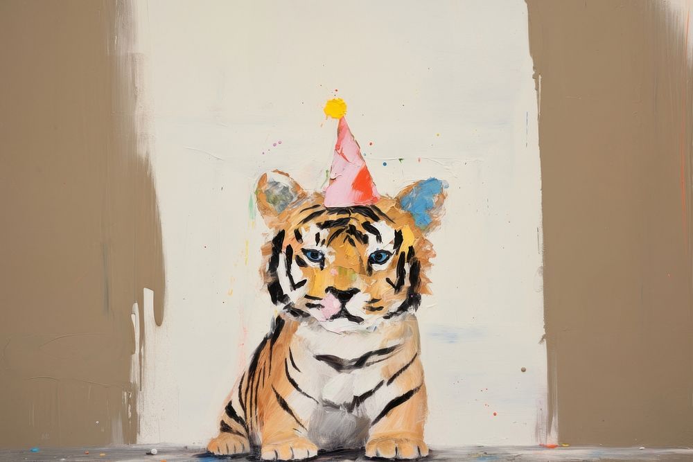 Tiger wearing party hat animal mammal representation.