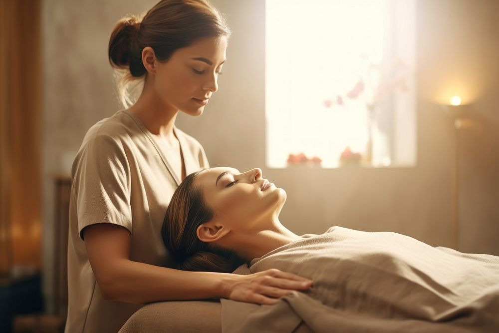 Woman doing massage spa adult spirituality relaxation.