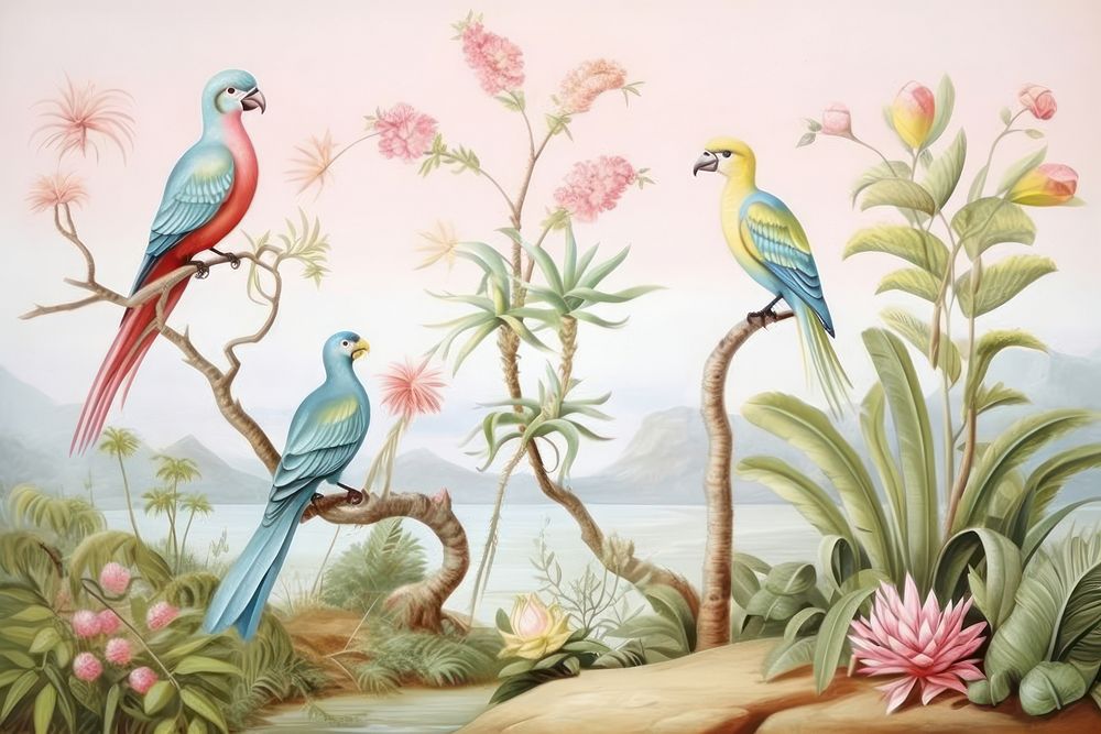 Painting of tropical birds drawing animal sketch.