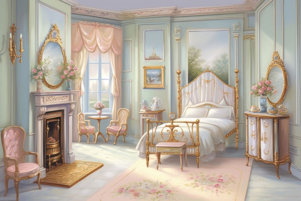 Painting of victorian bedroom furniture chair table.