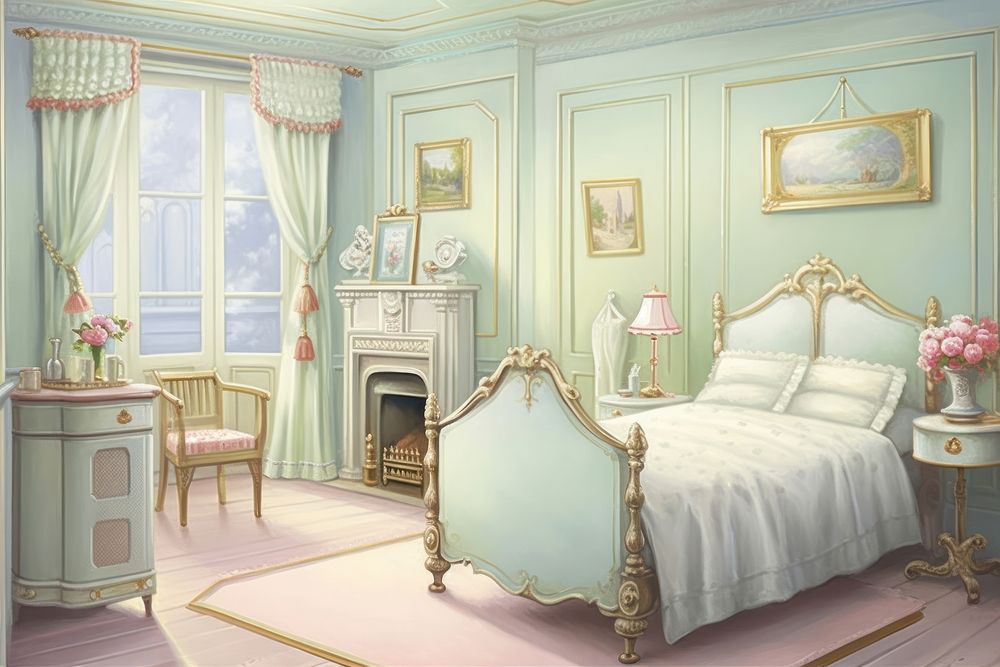 Painting of victorian bedroom furniture chair architecture.