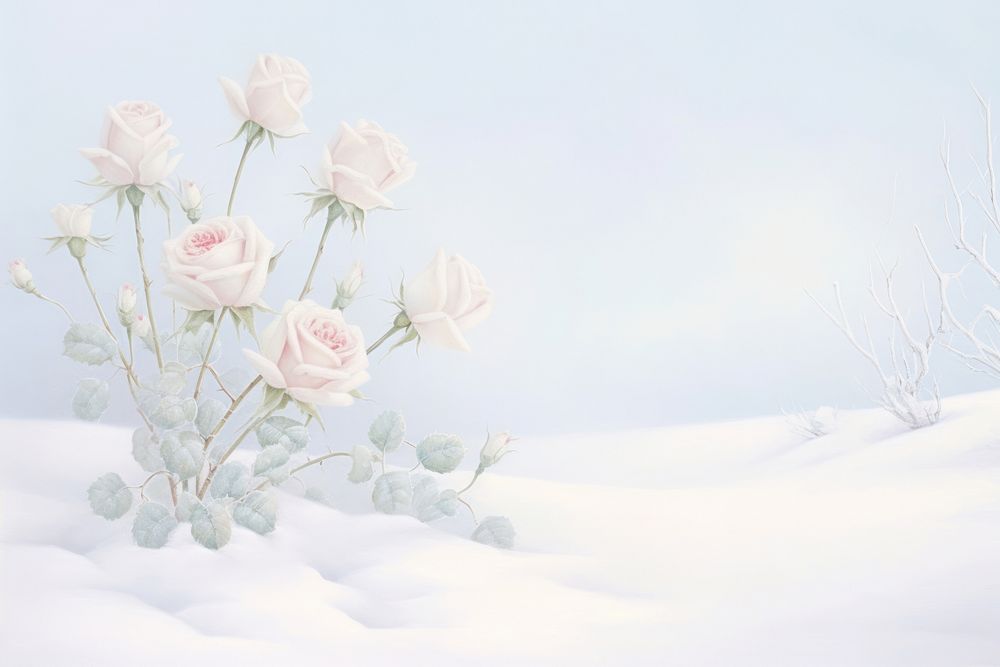 Painting of white roses and snow outdoors nature flower.
