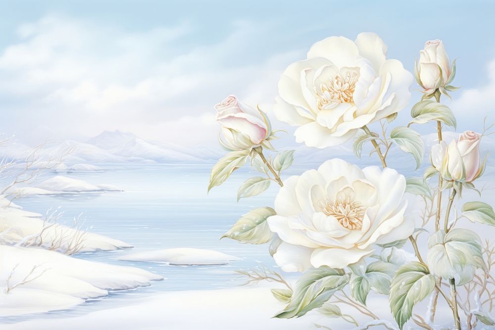 Painting of white roses and snow flower plant inflorescence.
