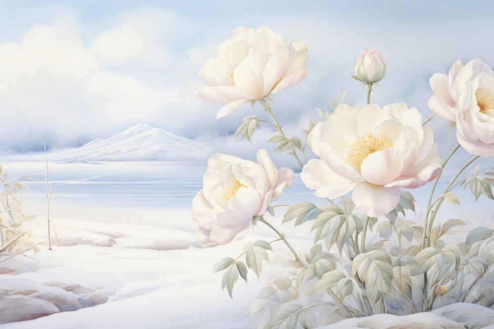 Painting of white roses and snow outdoors blossom nature.