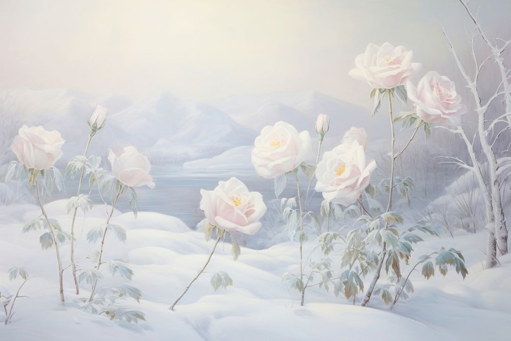 Painting of white roses and snow outdoors nature flower.