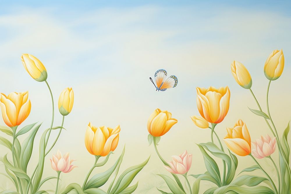 Yellow tulip border painting backgrounds outdoors.