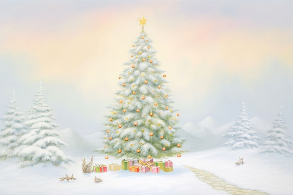 Painting of aesthetic Christmas tree christmas plant christmas tree.
