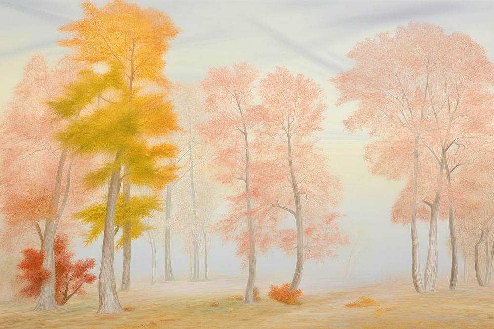 Painting of aesthetic Autumn trees outdoors drawing nature.