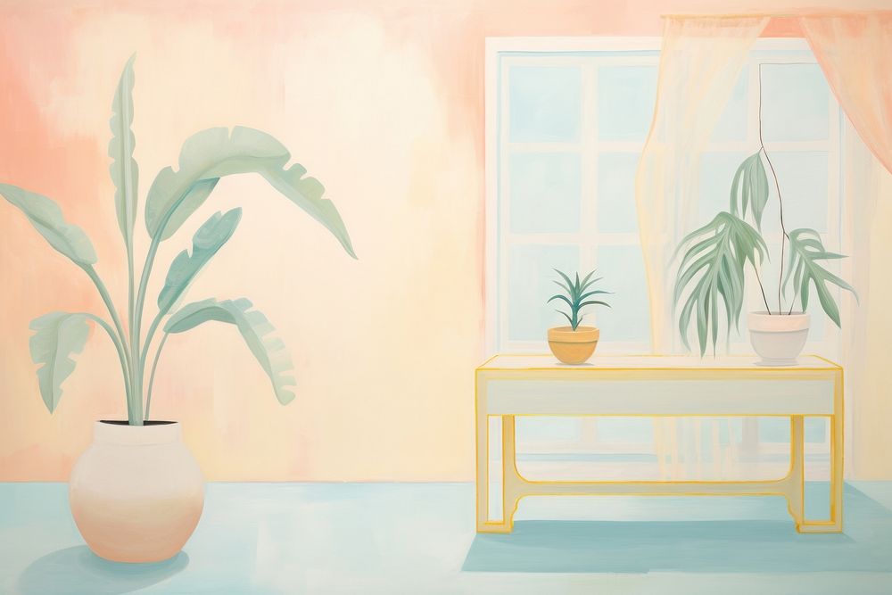 Painting of aesthetic houseplant furniture table vase.