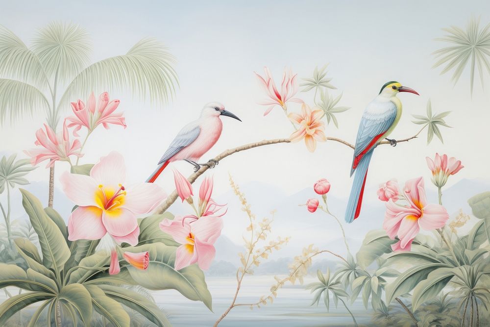 Painting of aesthetic tropical birds outdoors flower plant.