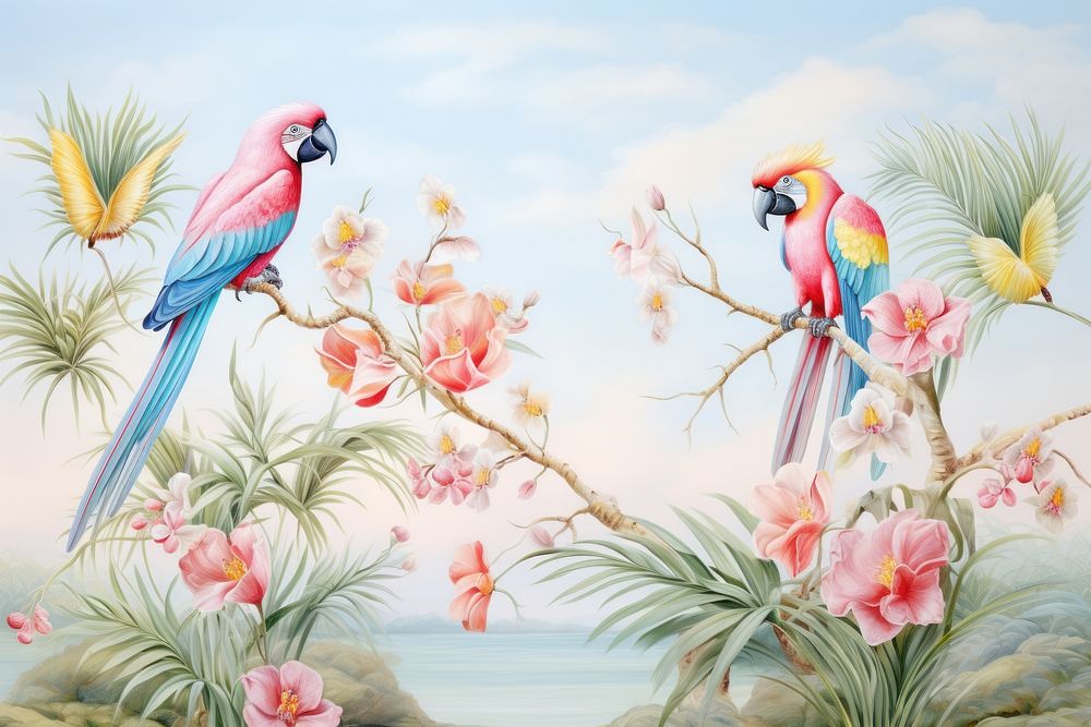 Painting of aesthetic tropical birds parrot animal creativity.