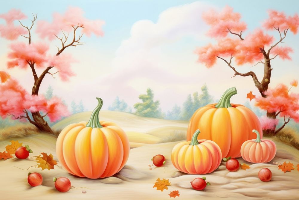 Painting of Autumn leaves and pumpkins backgrounds vegetable outdoors.