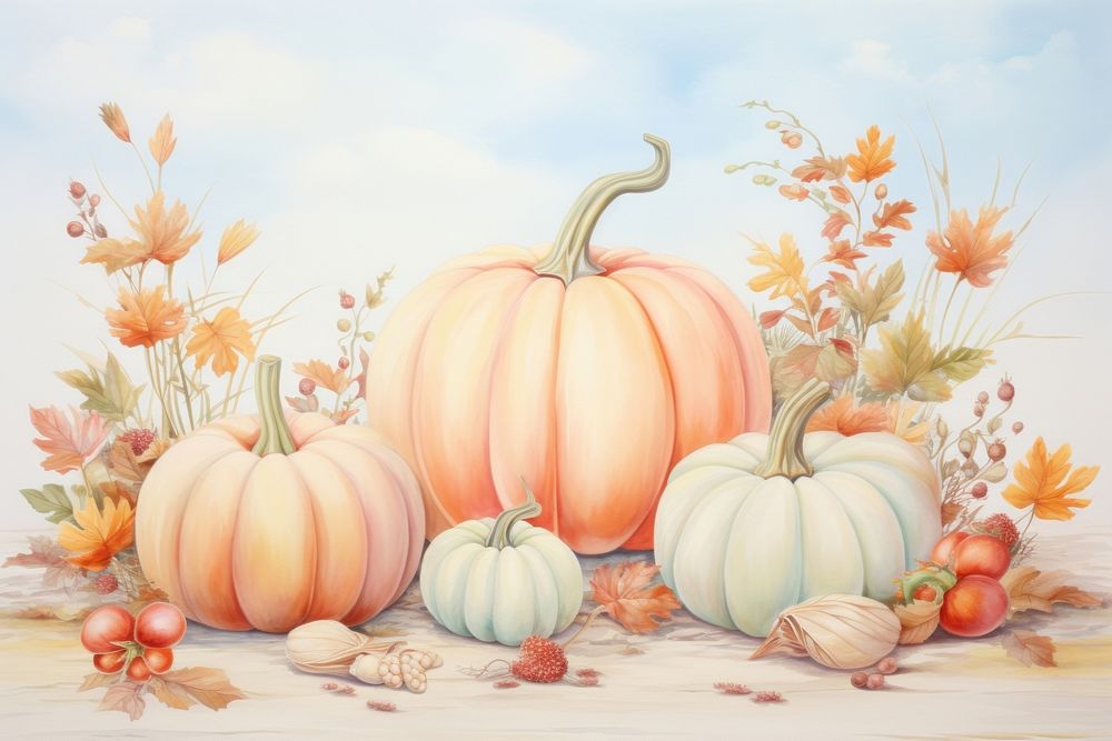 Painting of Autumn leaves and pumpkins vegetable autumn plant.