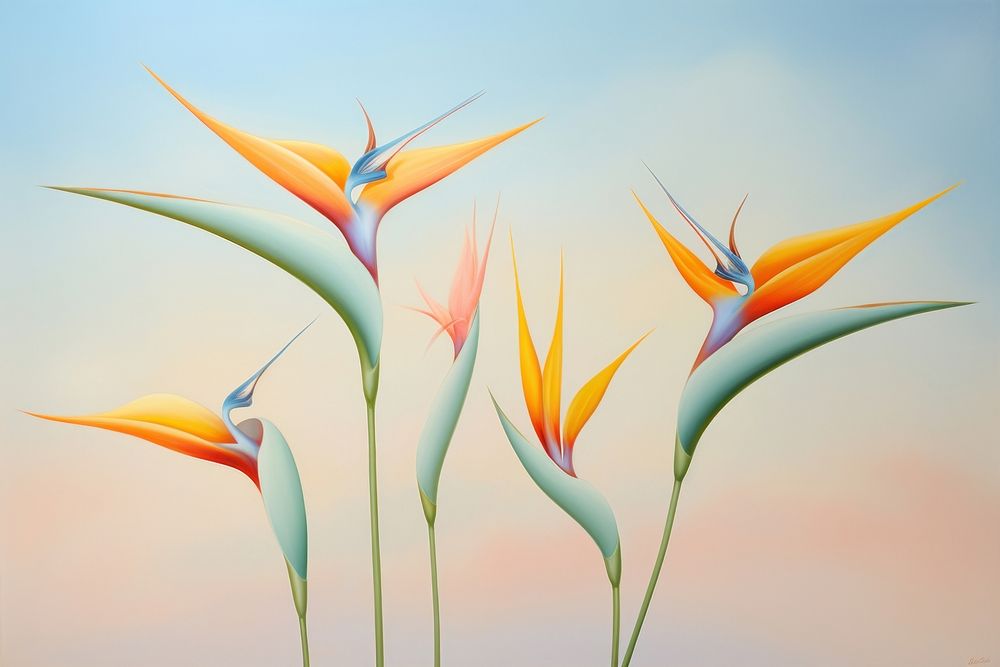 Painting of bird of paradise flower branches plant inflorescence heliconia.