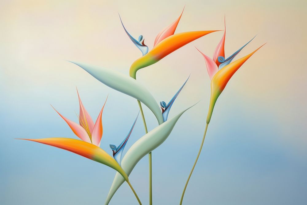 Painting of bird of paradise flower branches outdoors plant heliconia.