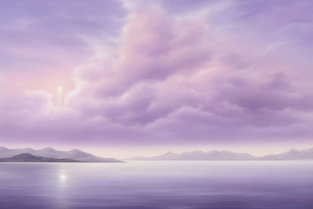 Painting of clouded purple sky landscape outdoors horizon.