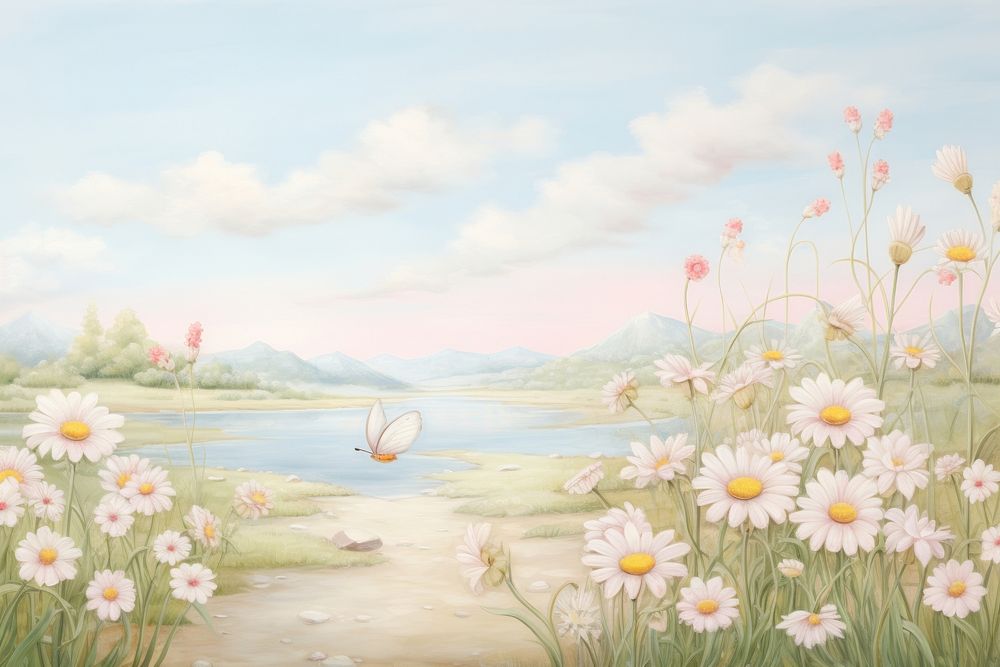 Painting of daisy garden landscape outdoors nature.