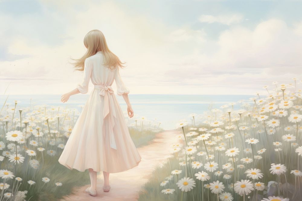 Painting of daisy garden flower plant contemplation.