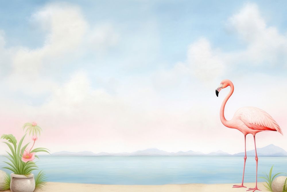 Painting of flamingo border animal plant bird.