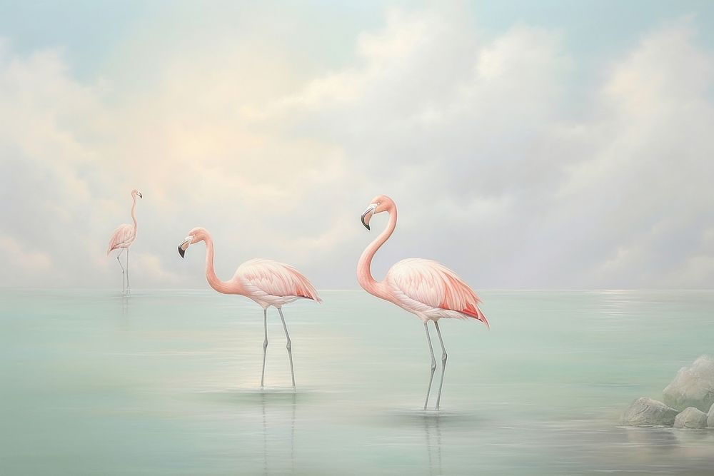Painting of flamingo border animal bird spoonbill.