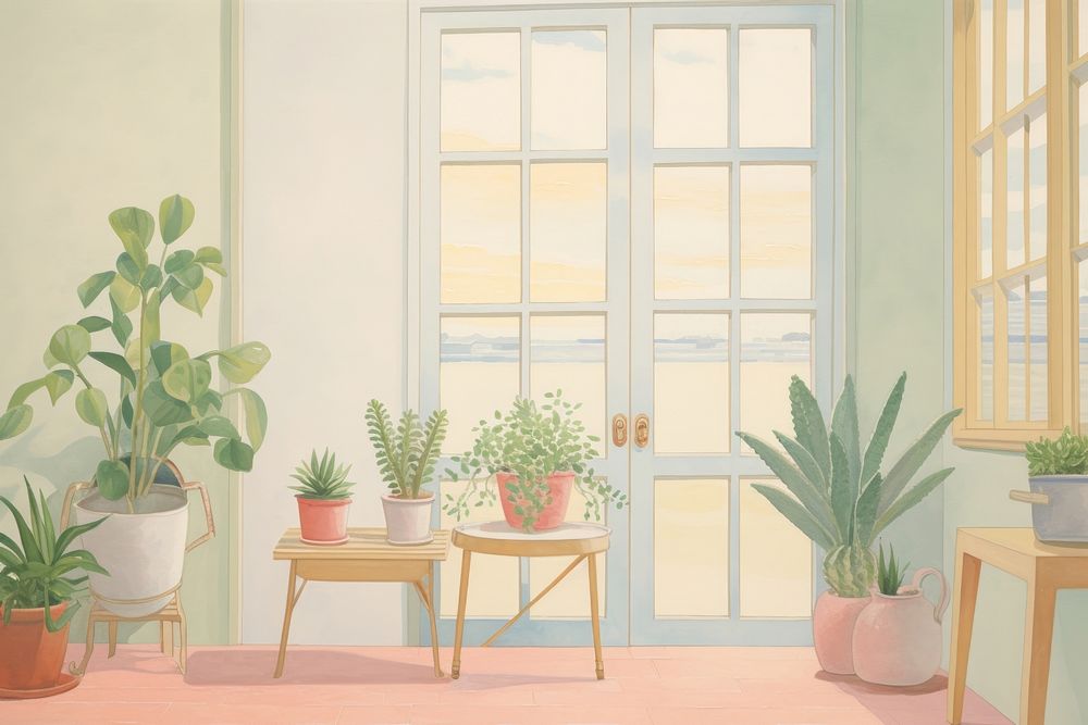 Painting of houseplant architecture furniture building.