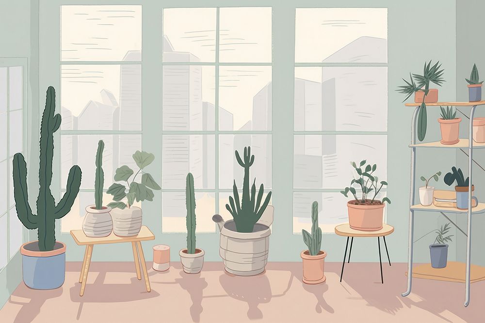 Painting of houseplant architecture flowerpot furniture.