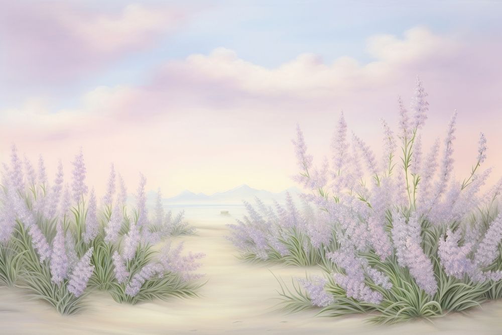 Lavender bush border landscape outdoors painting.