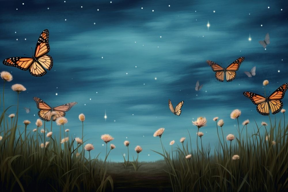 Painting of monarch butterflies and night sky butterfly outdoors nature.