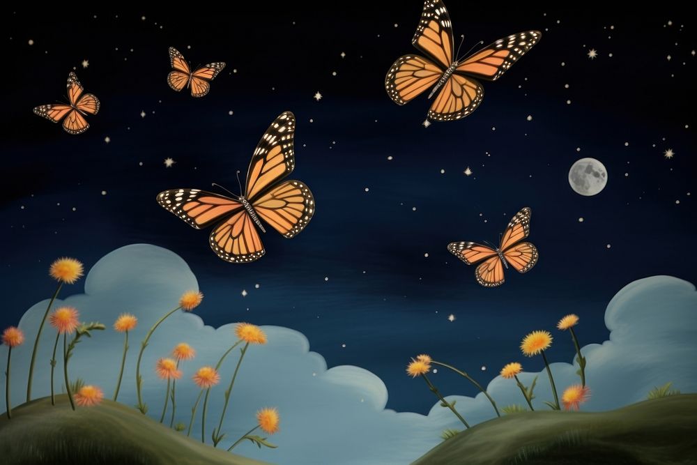 Painting of monarch butterflies and night sky astronomy butterfly outdoors.