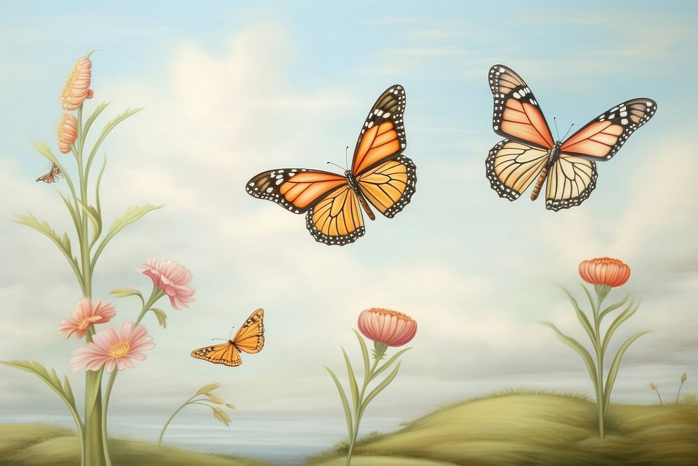 Painting of monarch butterflies butterfly animal insect.