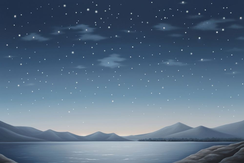 Painting of night sky with glowing stars landscape mountain outdoors.