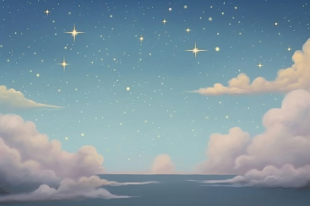 Painting of night sky with glowing stars backgrounds landscape horizon.