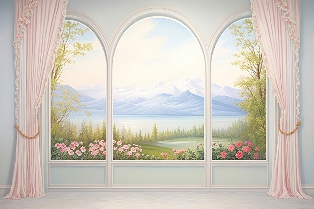 Painting of open curtain border with nature view architecture window tranquility.
