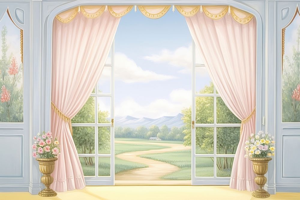 Painting of open curtain border with view architecture building window.