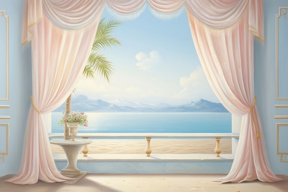 Painting of open curtain border with view architecture tranquility relaxation.