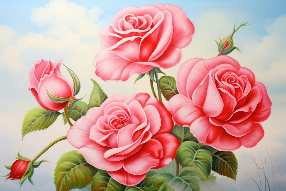 Painting of red roses flower plant art.